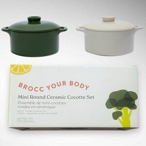 Brocc Your Body Mini Round Ceramic Cocotte Set of 2 Green/Off-White NIB